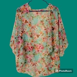 3/$30 NOBLE U Fairycore Floral Rose Chiffon Beach Cover-up Open Front Kimono